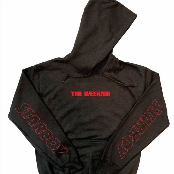 The Weeknd Hoodie with Starboy Outline Sleeves Black (Red Designs) - Picture 1 of 1
